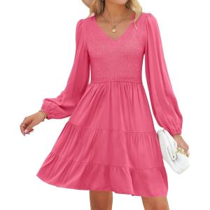 ZESICA Women’s Casual V Neck Long Sleeve Smocked High Waist Ruffle A Line Tiered Mini Dress(Hotpink)
