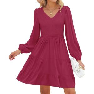ZESICA Women’s Casual V Neck Long Sleeve Smocked High Waist Ruffle A Line Tiered Mini Dress(Plum)