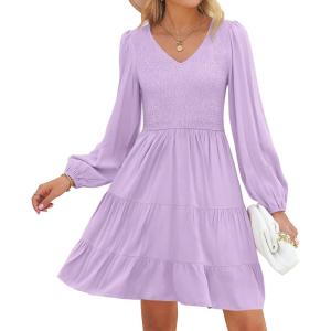 ZESICA Women’s Casual V Neck Long Sleeve Smocked High Waist Ruffle A Line Tiered Mini Dress(Purple)