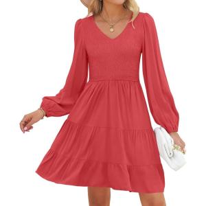 ZESICA Women’s Casual V Neck Long Sleeve Smocked High Waist Ruffle A Line Tiered Mini Dress(Watermelon)