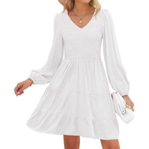 ZESICA Women’s Casual V Neck Long Sleeve Smocked High Waist Ruffle A Line Tiered Mini Dress(White)
