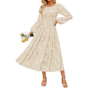 ZESICA Women’s Fall Boho Floral Midi Dress 2026 Casual Long Sleeve Crewneck Flowy Wedding Guest Long Dresses(Apricot)