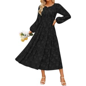 ZESICA Women’s Fall Boho Floral Midi Dress 2026 Casual Long Sleeve Crewneck Flowy Wedding Guest Long Dresses(Black)