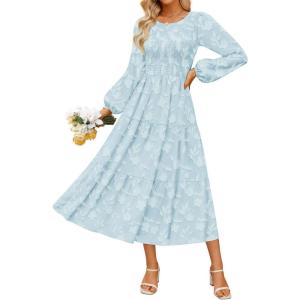 ZESICA Women’s Fall Boho Floral Midi Dress 2026 Casual Long Sleeve Crewneck Flowy Wedding Guest Long Dresses(Blue)