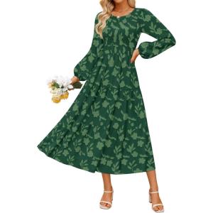 ZESICA Women’s Fall Boho Floral Midi Dress 2026 Casual Long Sleeve Crewneck Flowy Wedding Guest Long Dresses(Dark Green)