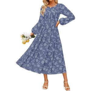 ZESICA Women’s Fall Boho Floral Midi Dress 2026 Casual Long Sleeve Crewneck Flowy Wedding Guest Long Dresses(Dusty Blue)