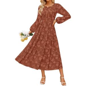 ZESICA Women’s Fall Boho Floral Midi Dress 2026 Casual Long Sleeve Crewneck Flowy Wedding Guest Long Dresses(Rust)