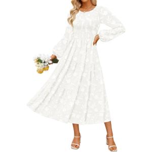 ZESICA Women’s Fall Boho Floral Midi Dress 2026 Casual Long Sleeve Crewneck Flowy Wedding Guest Long Dresses(White)
