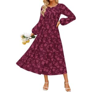 ZESICA Women’s Fall Boho Floral Midi Dress 2026 Casual Long Sleeve Crewneck Flowy Wedding Guest Long Dresses(Wine)