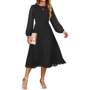 ZESICA Women’s Fall Long Sleeve Dresses 2026 Casual Crewneck Chiffon Swing Pleated A Line Cocktail Party Midi Dress(Black)