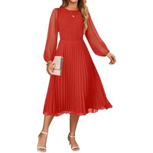 ZESICA Women’s Fall Long Sleeve Dresses 2026 Casual Crewneck Chiffon Swing Pleated A Line Cocktail Party Midi Dress(Red)
