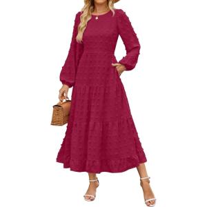 ZESICA Women’s Fall Long Sleeve Maxi Dresses 2026 Crew Neck Swiss Dot Tiered Flowy A Line Wedding Cocktail Party Dress(Wine Red)