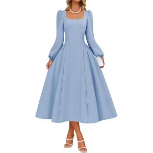 ZESICA Women’s Long Sleeve Midi Dresses 2026 Fall Square Neck Swing A Line Wedding Guest Evening Prom Dress(Blue)
