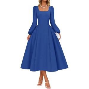 ZESICA Women’s Long Sleeve Midi Dresses 2026 Fall Square Neck Swing A Line Wedding Guest Evening Prom Dress(Darkblue)