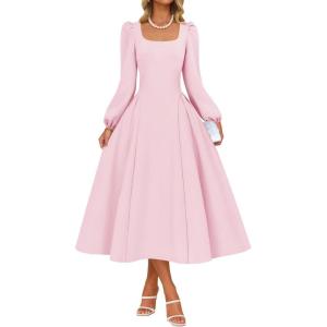 ZESICA Women’s Long Sleeve Midi Dresses 2026 Fall Square Neck Swing A Line Wedding Guest Evening Prom Dress(Pink)