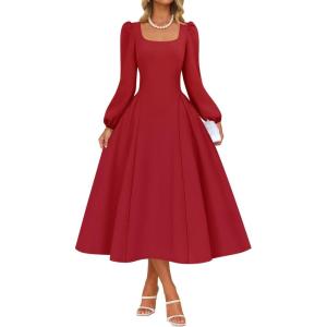 ZESICA Women’s Long Sleeve Midi Dresses 2026 Fall Square Neck Swing A Line Wedding Guest Evening Prom Dress(Red)
