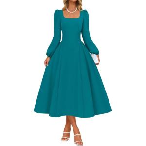 ZESICA Women’s Long Sleeve Midi Dresses 2026 Fall Square Neck Swing A Line Wedding Guest Evening Prom Dress(Teal)