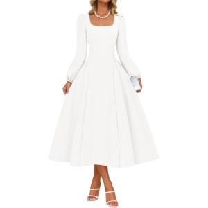 ZESICA Women’s Long Sleeve Midi Dresses 2026 Fall Square Neck Swing A Line Wedding Guest Evening Prom Dress(White)