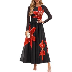 ZESICA Women’s Maxi Dress 2026 Spring Long Sleeve Crewneck Floral Print Mesh Ruched Party Wedding Guest Dresses(Black)