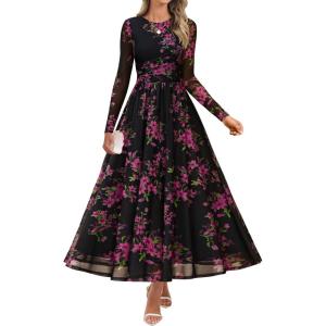 ZESICA Women’s Maxi Dress 2026 Spring Long Sleeve Crewneck Floral Print Mesh Ruched Party Wedding Guest Dresses(Blackrose)