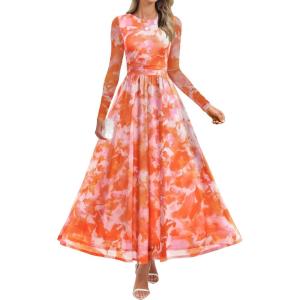 ZESICA Women’s Maxi Dress 2026 Spring Long Sleeve Crewneck Floral Print Mesh Ruched Party Wedding Guest Dresses(Orange)