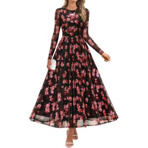 ZESICA Women’s Maxi Dress 2026 Spring Long Sleeve Crewneck Floral Print Mesh Ruched Party Wedding Guest Dresses(Pinkblack)