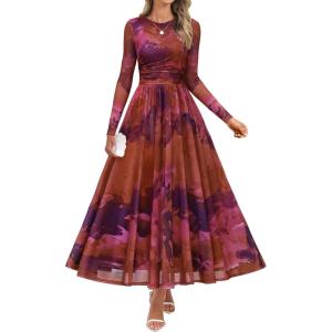 ZESICA Women’s Maxi Dress 2026 Spring Long Sleeve Crewneck Floral Print Mesh Ruched Party Wedding Guest Dresses(Pinkpurple)