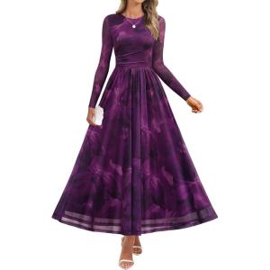 ZESICA Women’s Maxi Dress 2026 Spring Long Sleeve Crewneck Floral Print Mesh Ruched Party Wedding Guest Dresses(Purple)