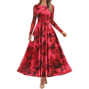 ZESICA Women’s Maxi Dress 2026 Spring Long Sleeve Crewneck Floral Print Mesh Ruched Party Wedding Guest Dresses(Red)