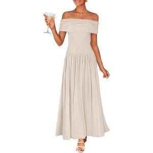 ZESICA Women’s Off The Shoulder Maxi Dress 2026 Summer Sleeveless Casual Slim Swing Pleated Formal Party Dresses(Apricot)