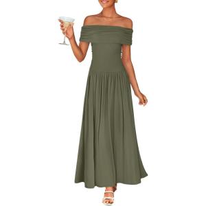ZESICA Women’s Off The Shoulder Maxi Dress 2026 Summer Sleeveless Casual Slim Swing Pleated Formal Party Dresses(Army Green)