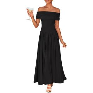 ZESICA Women’s Off The Shoulder Maxi Dress 2026 Summer Sleeveless Casual Slim Swing Pleated Formal Party Dresses(Black)