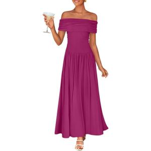 ZESICA Women’s Off The Shoulder Maxi Dress 2026 Summer Sleeveless Casual Slim Swing Pleated Formal Party Dresses(Dragon Fruit)