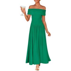 ZESICA Women’s Off The Shoulder Maxi Dress 2026 Summer Sleeveless Casual Slim Swing Pleated Formal Party Dresses(Green)