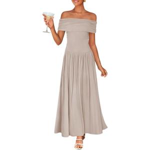 ZESICA Women’s Off The Shoulder Maxi Dress 2026 Summer Sleeveless Casual Slim Swing Pleated Formal Party Dresses(Light Khaki)