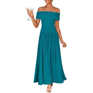 ZESICA Women’s Off The Shoulder Maxi Dress 2026 Summer Sleeveless Casual Slim Swing Pleated Formal Party Dresses(Peacock Blue)