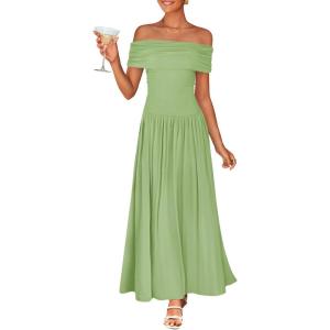 ZESICA Women’s Off The Shoulder Maxi Dress 2026 Summer Sleeveless Casual Slim Swing Pleated Formal Party Dresses(Sage)