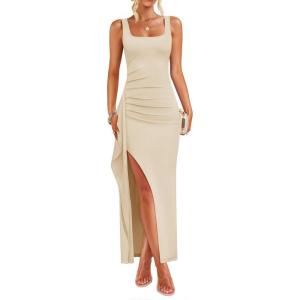 ZESICA Women’s Sleeveless Formal Maxi Dresses 2026 Summer Ribbed Square Neck High Split Party Bodycon Long Dress(Apricot)