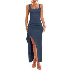 ZESICA Women’s Sleeveless Formal Maxi Dresses 2026 Summer Ribbed Square Neck High Split Party Bodycon Long Dress(Navy)