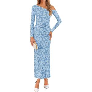 ZESICA Women’s Spring Floral Off Shoulder Bodycon Maxi Dresses 2026 Long Sleeve Ruched Elegant Cocktail Party Dress(Dustyblue)