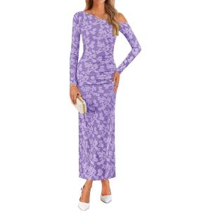 ZESICA Women’s Spring Floral Off Shoulder Bodycon Maxi Dresses 2026 Long Sleeve Ruched Elegant Cocktail Party Dress(Purple)