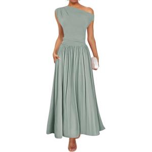ZESICA Women’s Summer 2026 Sleeveless Maxi Dress One Shoulder Casual Slim Swing Pleated Formal Dresses with Pockets(Beangreen)