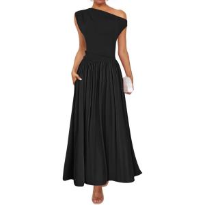 ZESICA Women’s Summer 2026 Sleeveless Maxi Dress One Shoulder Casual Slim Swing Pleated Formal Dresses with Pockets(Black)