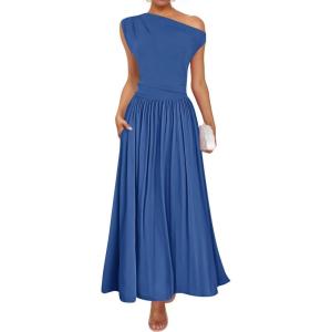 ZESICA Women’s Summer 2026 Sleeveless Maxi Dress One Shoulder Casual Slim Swing Pleated Formal Dresses with Pockets(Blue)