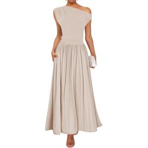ZESICA Women’s Summer 2026 Sleeveless Maxi Dress One Shoulder Casual Slim Swing Pleated Formal Dresses with Pockets(Lightapricot)