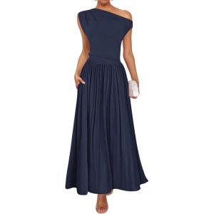 ZESICA Women’s Summer 2026 Sleeveless Maxi Dress One Shoulder Casual Slim Swing Pleated Formal Dresses with Pockets(Navy)