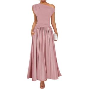 ZESICA Women’s Summer 2026 Sleeveless Maxi Dress One Shoulder Casual Slim Swing Pleated Formal Dresses with Pockets(Pink)