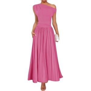 ZESICA Women’s Summer 2026 Sleeveless Maxi Dress One Shoulder Casual Slim Swing Pleated Formal Dresses with Pockets(Rose)