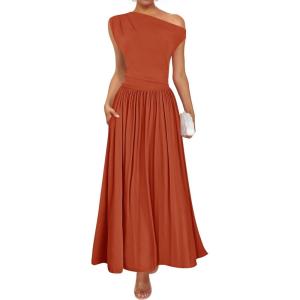 ZESICA Women’s Summer 2026 Sleeveless Maxi Dress One Shoulder Casual Slim Swing Pleated Formal Dresses with Pockets(Rustred)