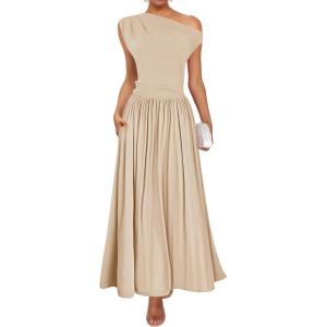 ZESICA Women’s Summer 2026 Sleeveless Maxi Dress One Shoulder Casual Slim Swing Pleated Formal Dresses with Pockets(Sand)